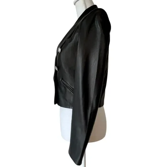 Veronica Beard Nevis Lamb Leather Blazer Jacket Cropped Black Silver Size 0‎ - Picture 9 of 11